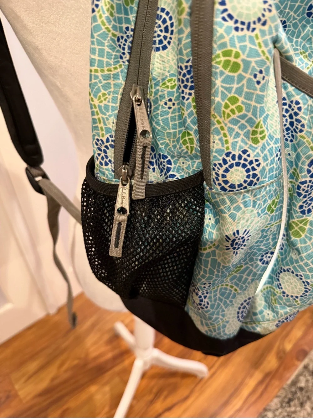 L.L. Bean Light Blue Floral Mosaic Backpack with Navy Accents